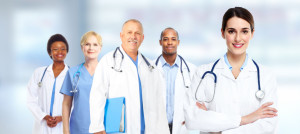 46515613 - group of medical doctors over hospital background. health care.